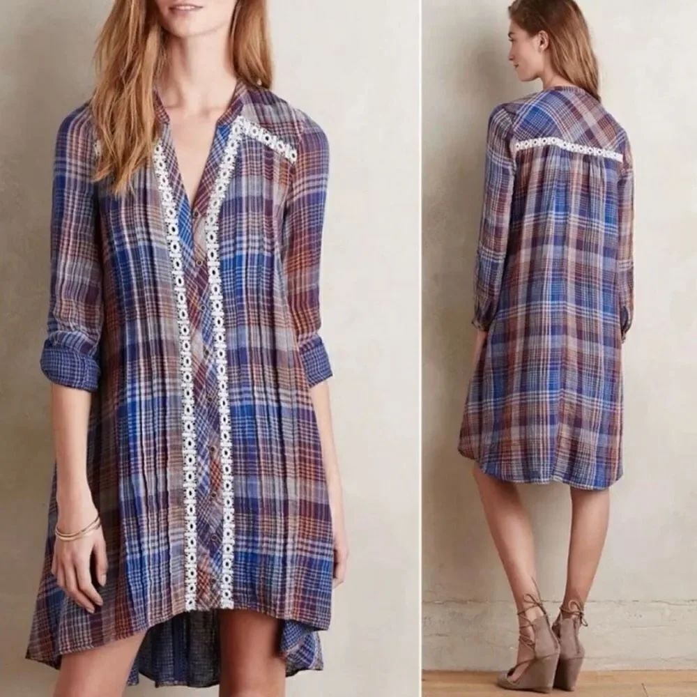 Anthropologie Holding Horses Navy Blue & Orange Plaid Lace Trim High LowโDress L